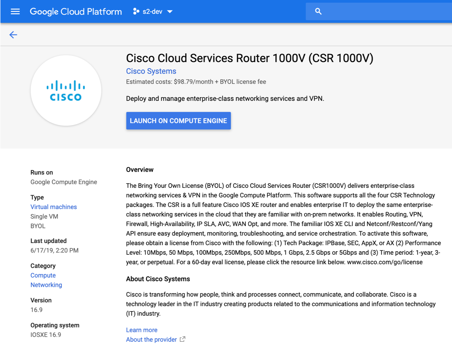 Deploying Cisco CSR 1000v to Google Cloud Platform